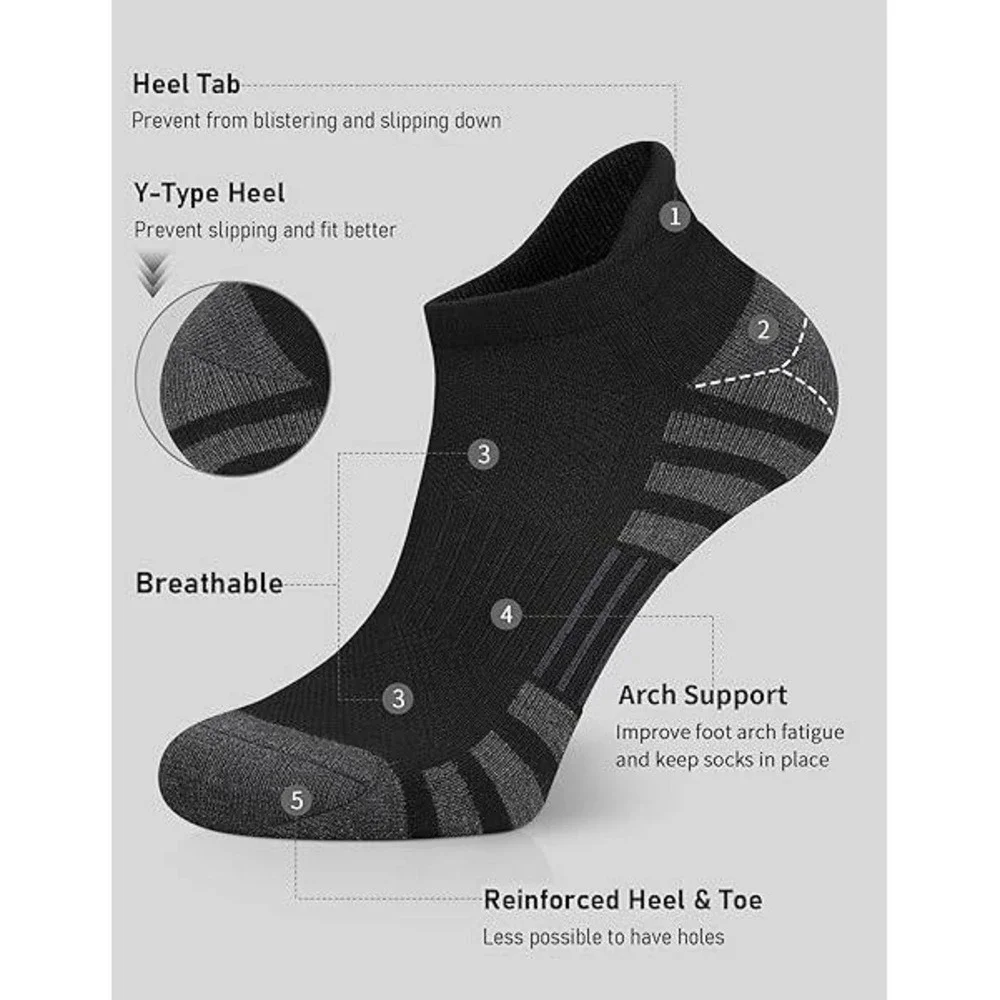 Set of 6 Airacker L 9-12 Black Ankle Athletic Running Socks Cushioned Breathable